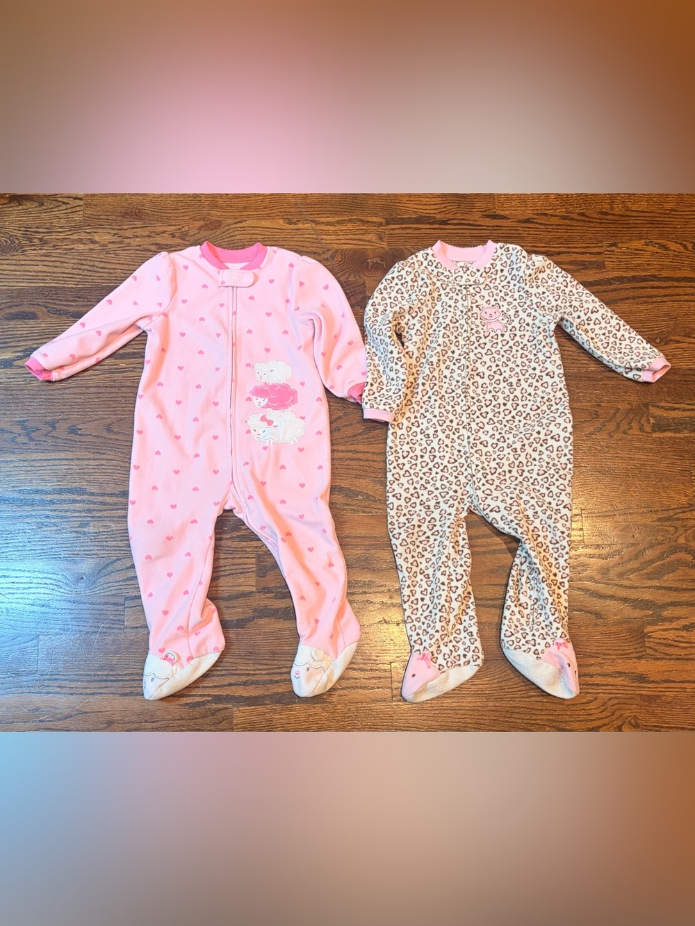 Little Me Pink Heart and Cream Leopard Baby One-Piece Footies - 2 pajama bundle